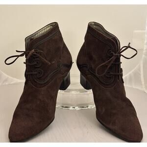 Vintage YVES SAINT LAURENT Brown Suede Lace Up Booties w/Soutache Trim Sz 35.5